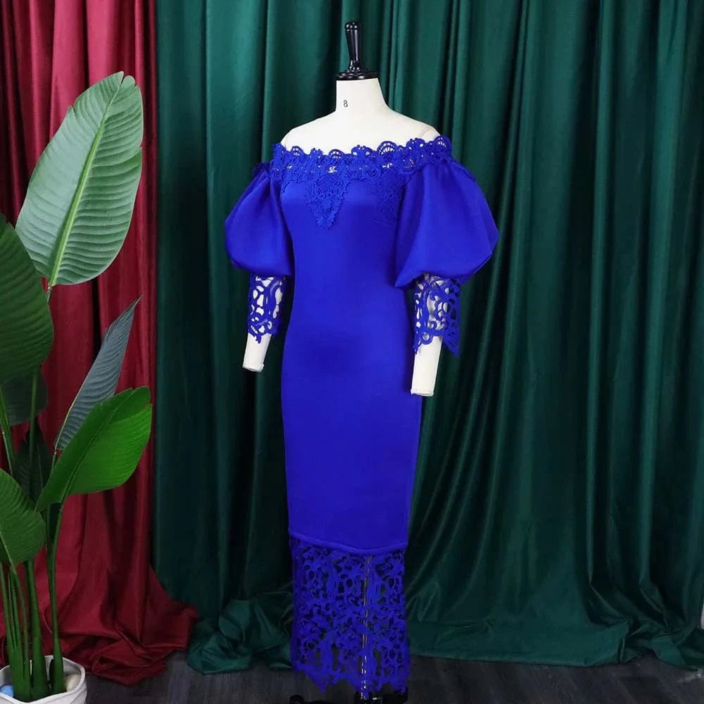 Elegant Dresses for Woman Off the Shoulder Lantern Sleeve Lace Patchwork Sheath Package Hips Ankle Length Luxury Birthday Dress