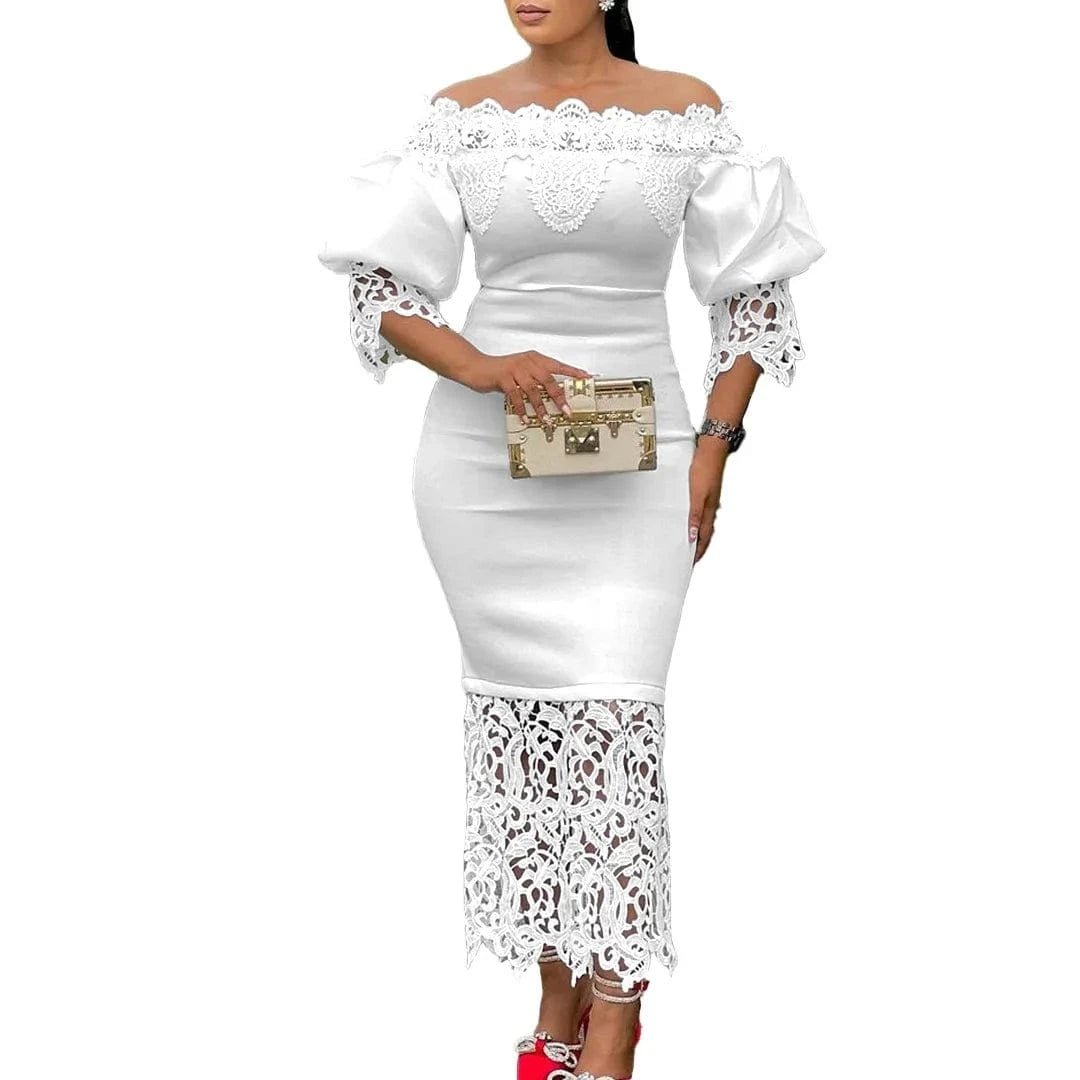 Elegant Dresses for Woman Off the Shoulder Lantern Sleeve Lace Patchwork Sheath Package Hips Ankle Length Luxury Birthday Dress