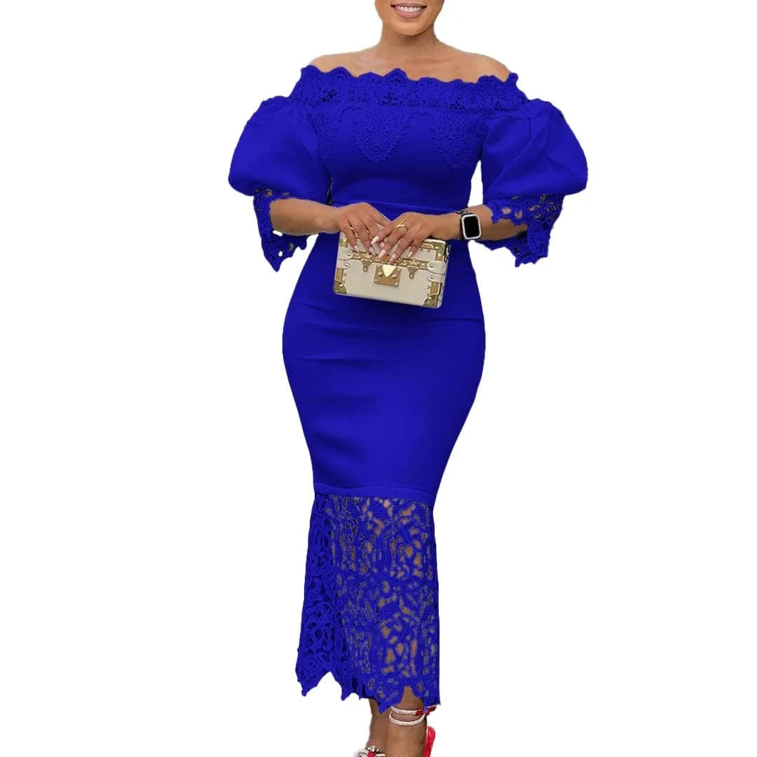 Elegant Dresses for Woman Off the Shoulder Lantern Sleeve Lace Patchwork Sheath Package Hips Ankle Length Luxury Birthday Dress