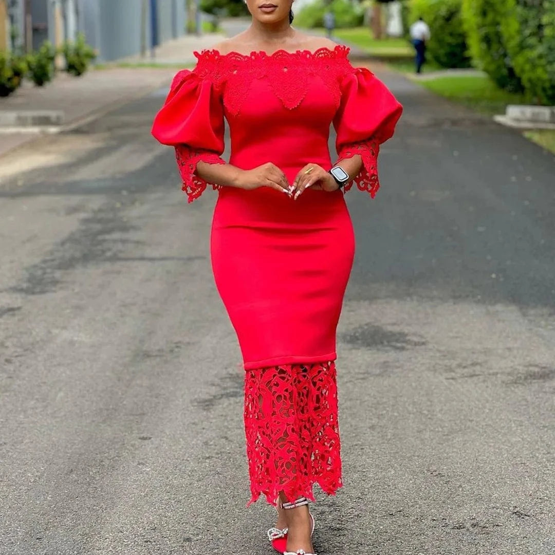 Elegant Dresses for Woman Off the Shoulder Lantern Sleeve Lace Patchwork Sheath Package Hips Ankle Length Luxury Birthday Dress