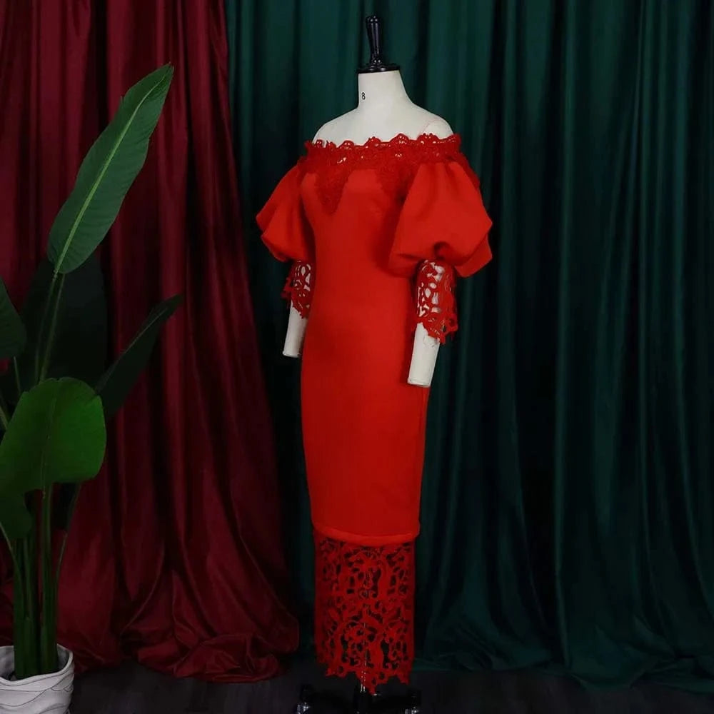 Elegant Dresses for Woman Off the Shoulder Lantern Sleeve Lace Patchwork Sheath Package Hips Ankle Length Luxury Birthday Dress