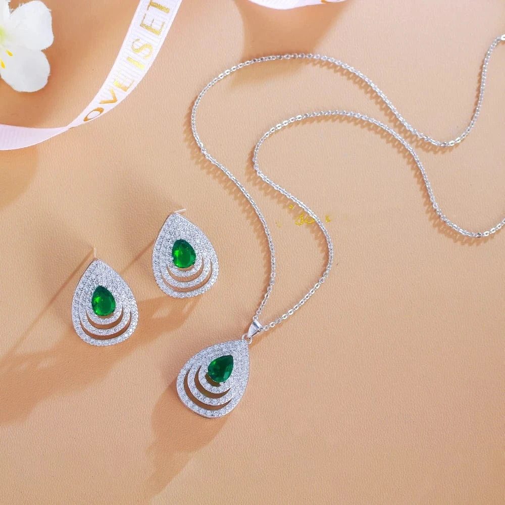 Elegant Earrings and Necklace Ladies Blue Cubic Zirconia Stone Teardrop Fashion Party Jewelry Set For Girls Women Daily Wear