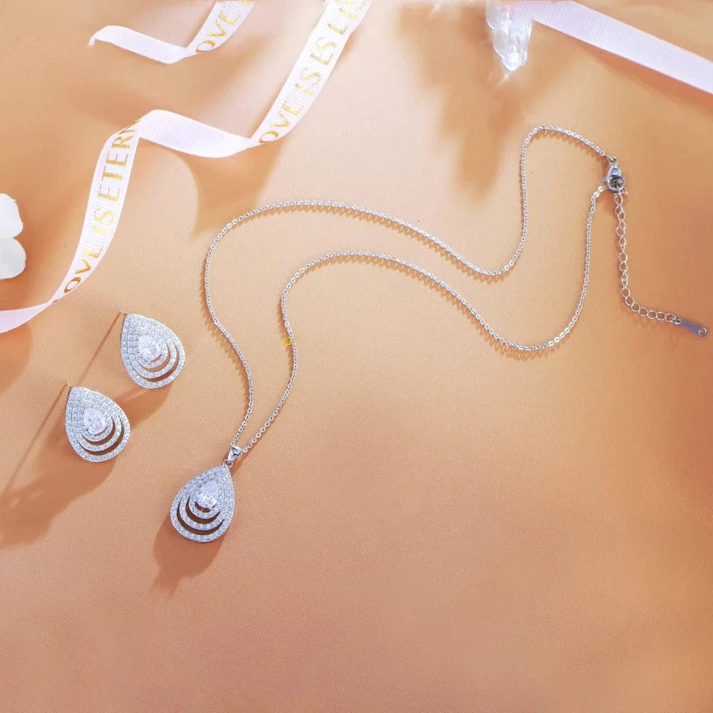 Elegant Earrings and Necklace Ladies Blue Cubic Zirconia Stone Teardrop Fashion Party Jewelry Set For Girls Women Daily Wear