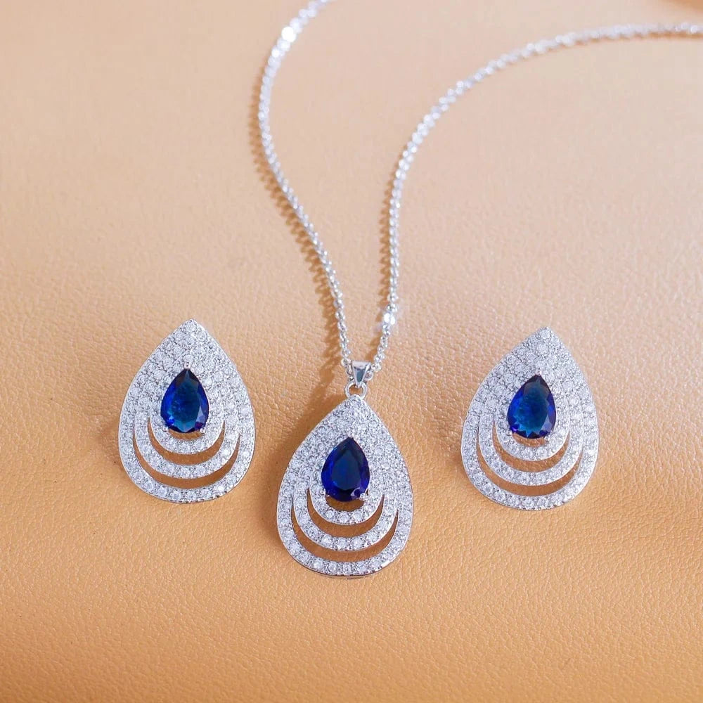 Elegant Earrings and Necklace Ladies Blue Cubic Zirconia Stone Teardrop Fashion Party Jewelry Set For Girls Women Daily Wear