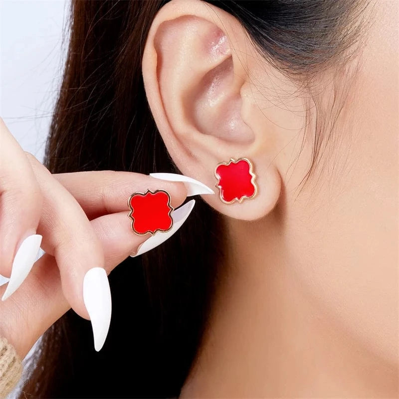 Elegant Earrings / ER23Y1210-2 Rinhoo Black Color Ear Women's Girls Classic Cute Fresh Lucky Four-Leaf Clover Shape Ear Stud Earrings Fashion Jewelry