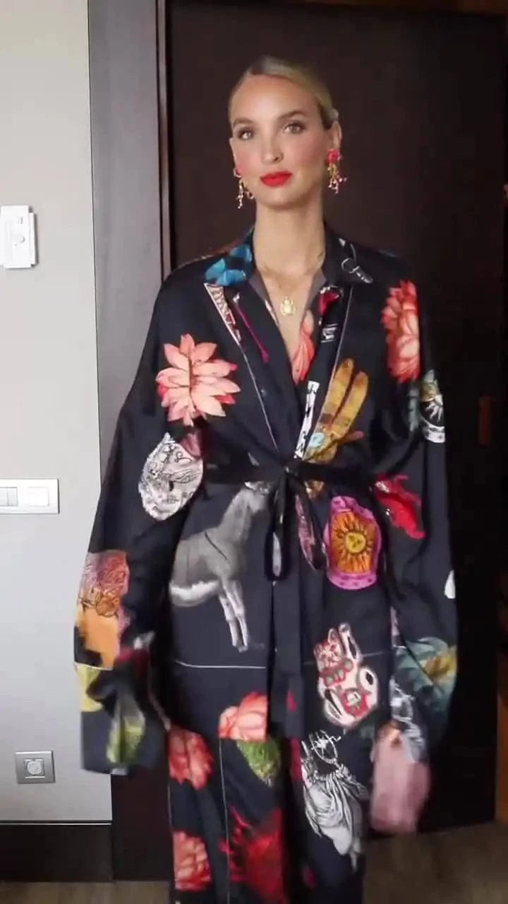 Elegant Eid Abaya Print Casual Women'S Set 2024 Fashion Loose V-Neck Long Sleeve Lace-Up Top And Pants Party Set