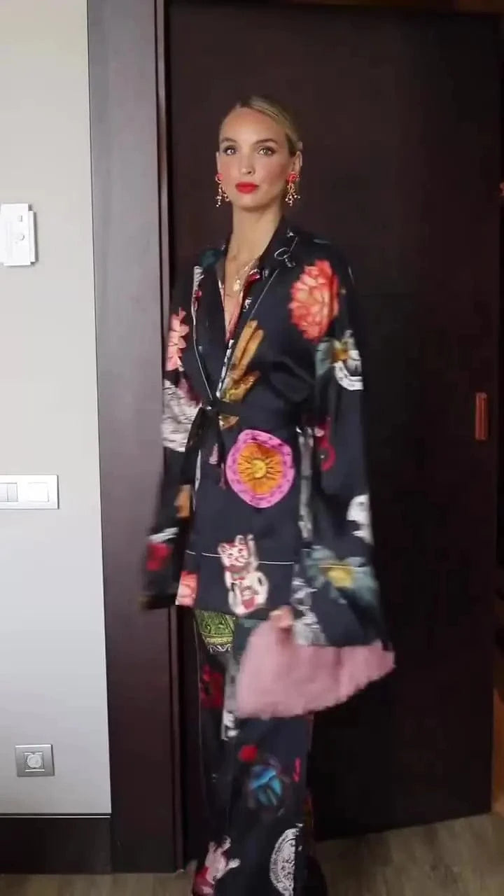 Elegant Eid Abaya Print Casual Women'S Set 2024 Fashion Loose V-Neck Long Sleeve Lace-Up Top And Pants Party Set