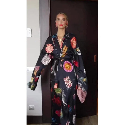 Elegant Eid Abaya Print Casual Women'S Set 2024 Fashion Loose V-Neck Long Sleeve Lace-Up Top And Pants Party Set