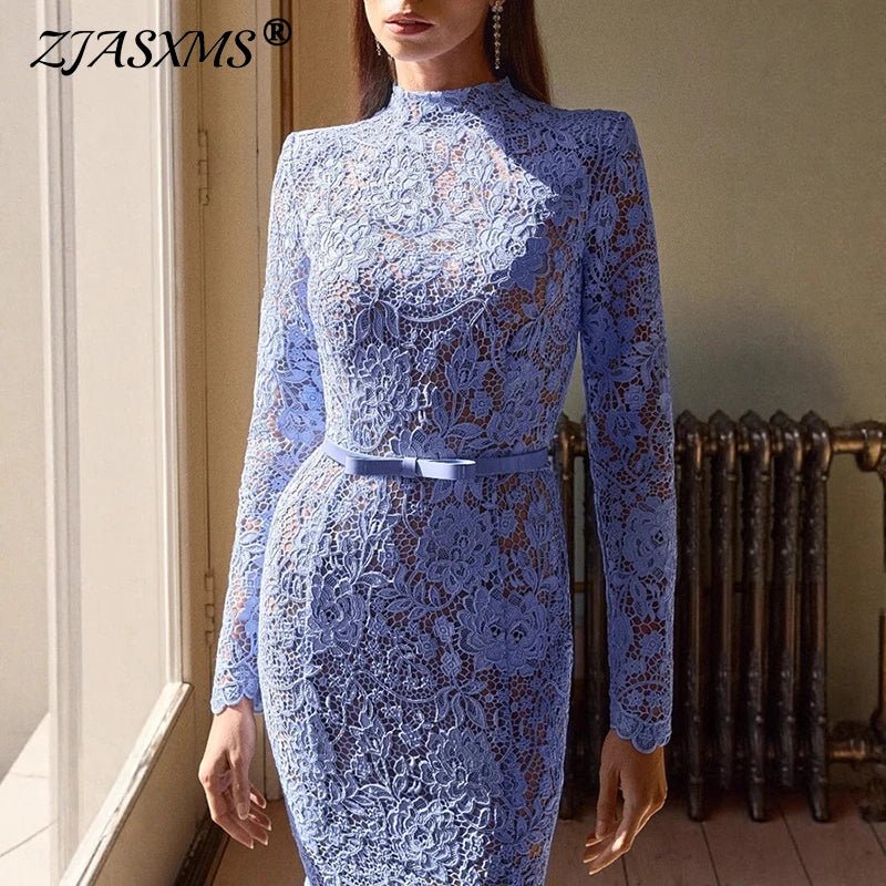 Elegant Embroidery See Through Women Dress Crochet Hollow Zipper High - waist Prom Dresses Sexy Sheath Jacquard Lace Mermaid Dress - SN Wigs & More