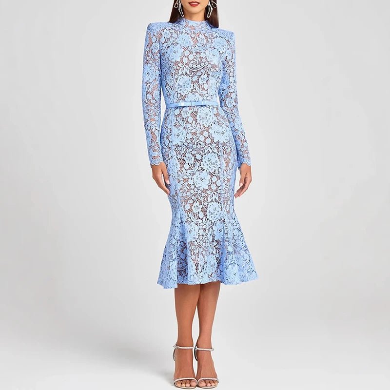 Elegant Embroidery See Through Women Dress Crochet Hollow Zipper High - waist Prom Dresses Sexy Sheath Jacquard Lace Mermaid Dress - SN Wigs & More