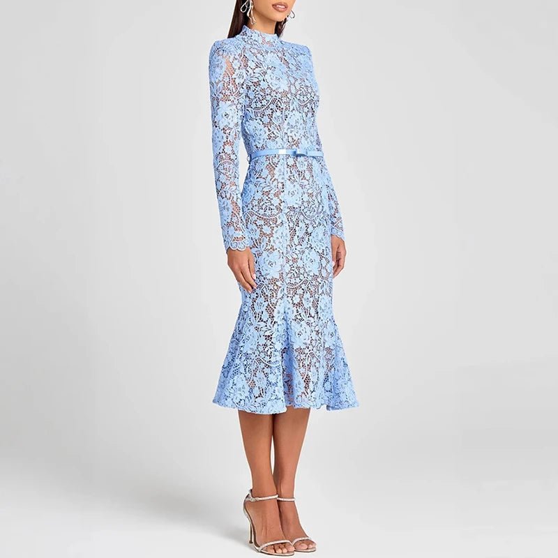 Elegant Embroidery See Through Women Dress Crochet Hollow Zipper High - waist Prom Dresses Sexy Sheath Jacquard Lace Mermaid Dress - SN Wigs & More