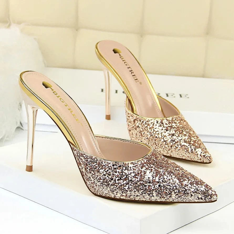 Elegant Glitter High Heel Women Dress Shoes slide sandals Ladies Glitter mules Stilettos Heels Wedding Bridal Pumps