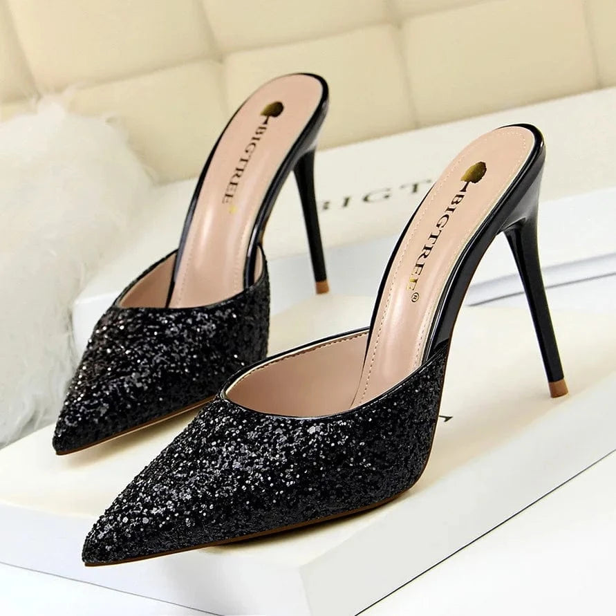 Elegant Glitter High Heel Women Dress Shoes slide sandals Ladies Glitter mules Stilettos Heels Wedding Bridal Pumps