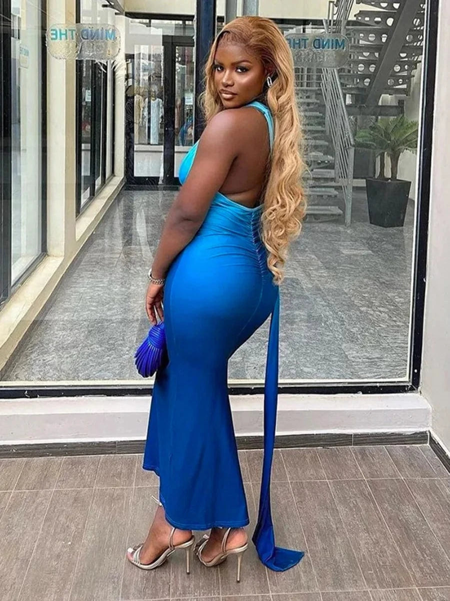 Elegant Gradient One Shoulder Sleeveless Maxi Dress Women Sexy Slew Collar Backless Skinny Robe Party Clubwear Night Club Dress