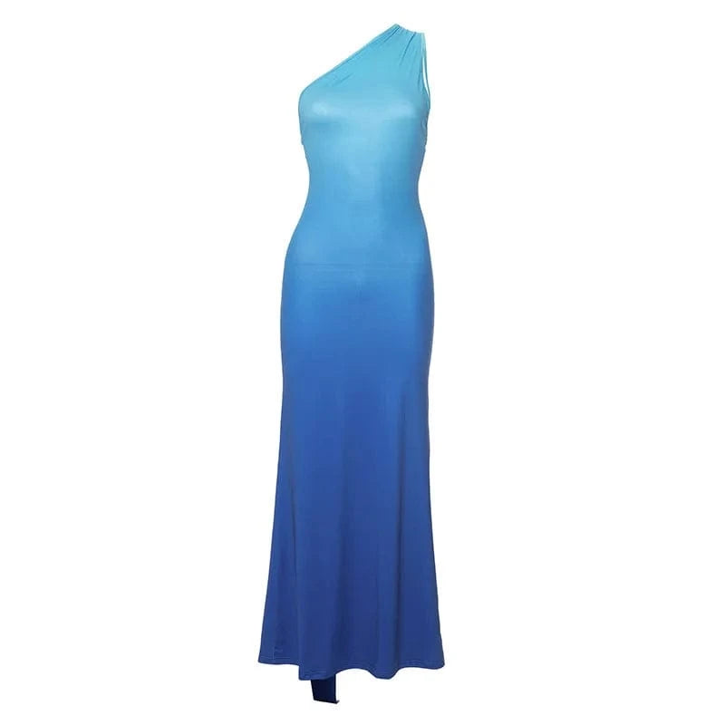 Elegant Gradient One Shoulder Sleeveless Maxi Dress Women Sexy Slew Collar Backless Skinny Robe Party Clubwear Night Club Dress