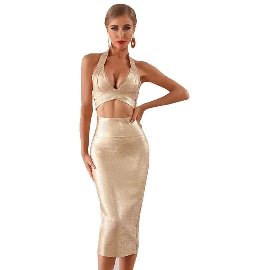 Elegant Ladies Party V-neck Suit Dresses  Women's Halterneck  Bandage Dress Bodycon Sexy Club Evening Dresses