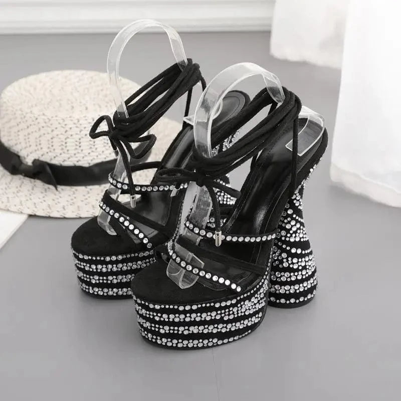 Elegant Ladies rhinestone OEM platform heels pumps high quality bride wedding shoes diamante strap lace up custom heeled sandals
