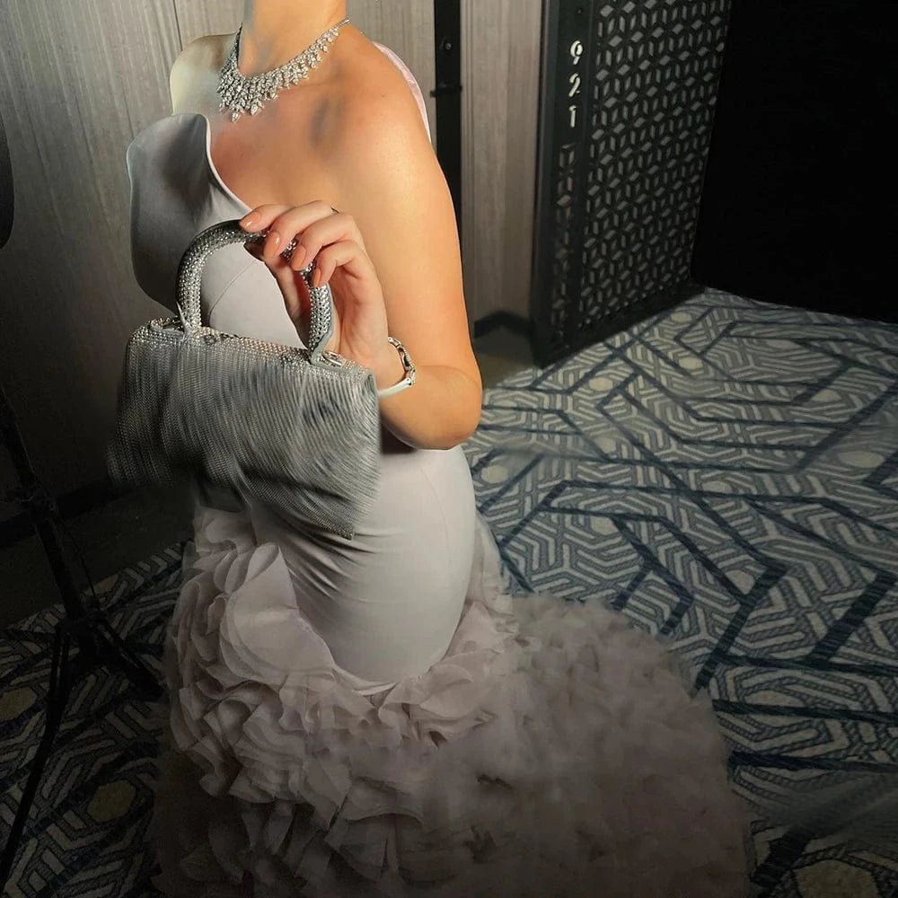 Elegant Lilac Tulle Mermaid Dubai Evening Dresses For Arabic Women Wedding Party Purple Long Formal Gowns Sf107-2