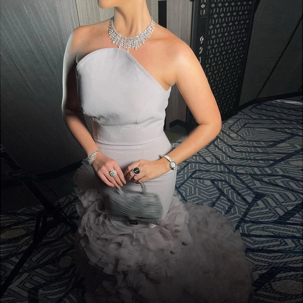 Elegant Lilac Tulle Mermaid Dubai Evening Dresses For Arabic Women Wedding Party Purple Long Formal Gowns Sf107-2