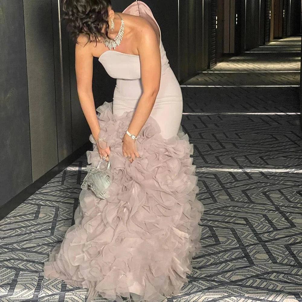 Elegant Lilac Tulle Mermaid Dubai Evening Dresses For Arabic Women Wedding Party Purple Long Formal Gowns Sf107-2