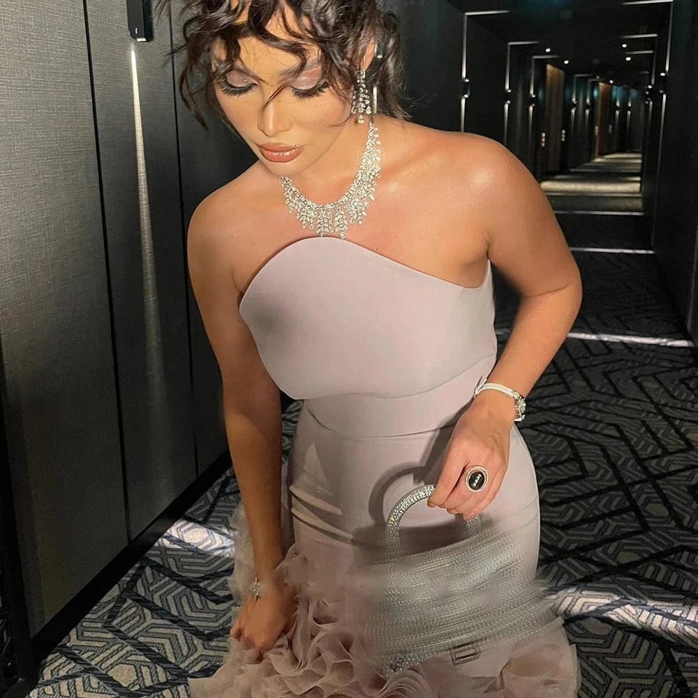 Elegant Lilac Tulle Mermaid Dubai Evening Dresses For Arabic Women Wedding Party Purple Long Formal Gowns Sf107-2