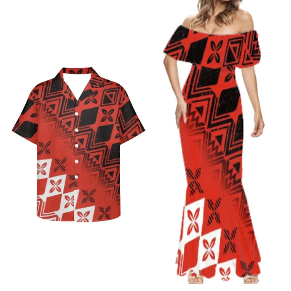 Elegant Long Party Dresses and Polynesian Tribal Tapa Print Puletasi Dress Pacific Island Print Custom Long Gown Evening Dress