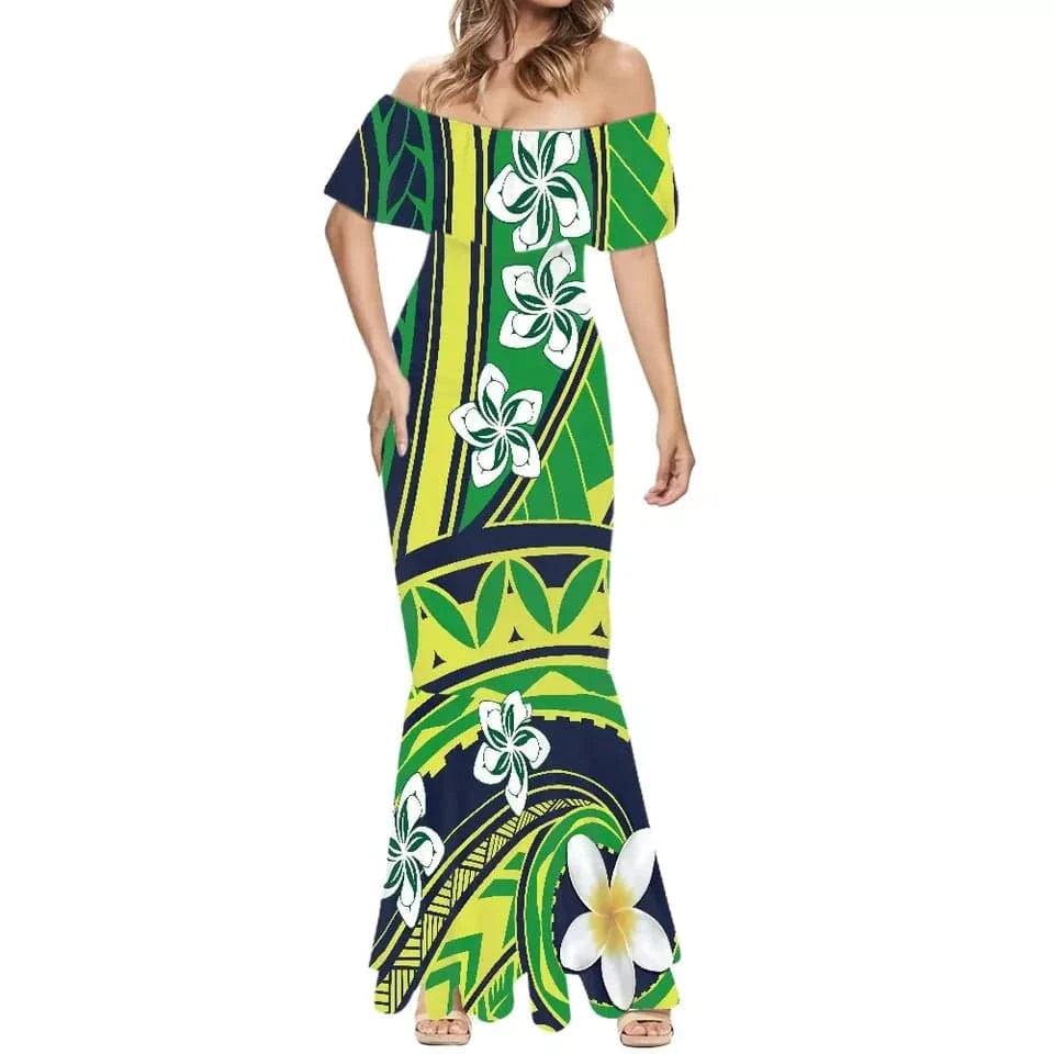 Elegant Long Party Dresses and Polynesian Tribal Tapa Print Puletasi Dress Pacific Island Print Custom Long Gown Evening Dress