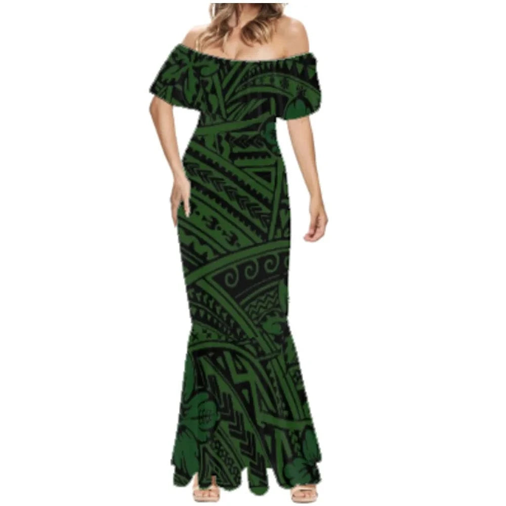 Elegant Long Party Dresses and Polynesian Tribal Tapa Print Puletasi Dress Pacific Island Print Custom Long Gown Evening Dress