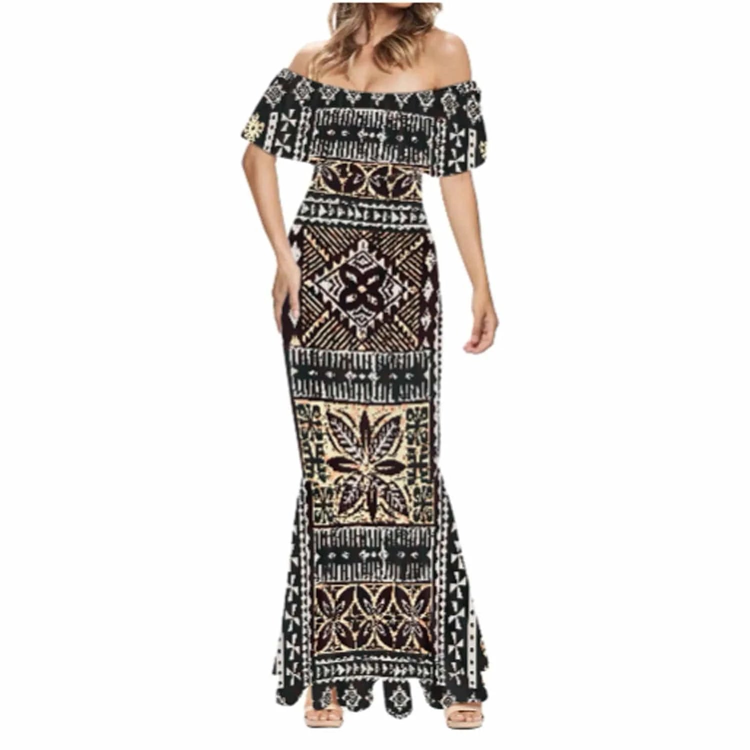 Elegant Long Party Dresses and Polynesian Tribal Tapa Print Puletasi Dress Pacific Island Print Custom Long Gown Evening Dress