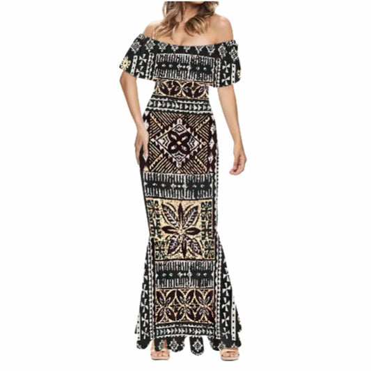 Elegant Long Party Dresses and Polynesian Tribal Tapa Print Puletasi Dress Pacific Island Print Custom Long Gown Evening Dress