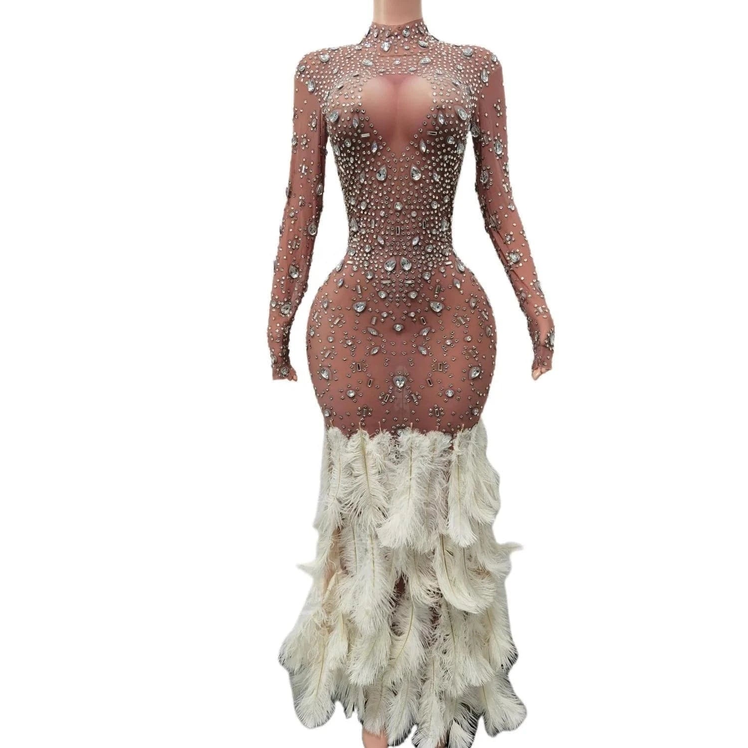 Elegant Mesh Diamond Birthday Banquet Long Mermaid Dress Lady Wear Feathers Formal Prom Dress Women Sexy Party Evening Dresses