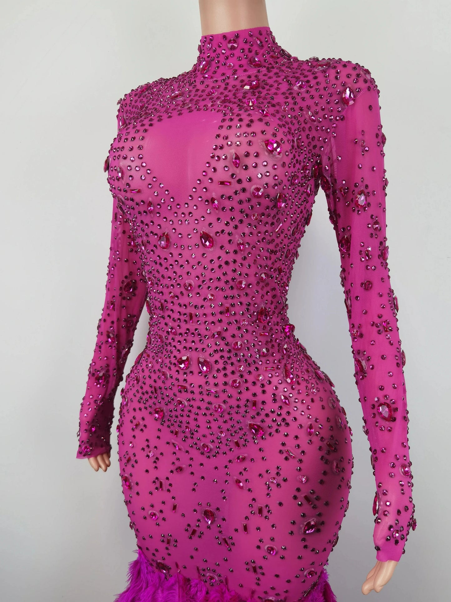 Elegant Mesh Diamond Birthday Banquet Long Mermaid Dress Lady Wear Feathers Formal Prom Dress Women Sexy Party Evening Dresses