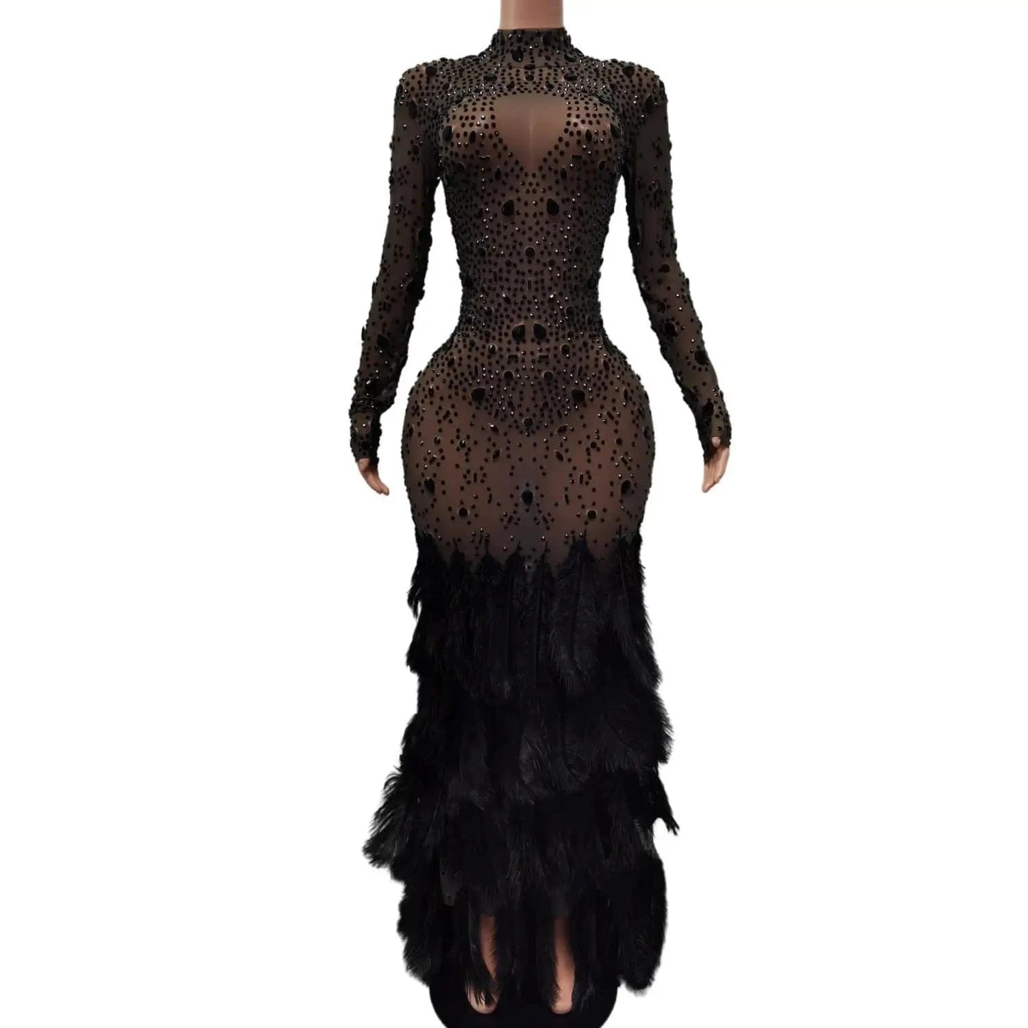 Elegant Mesh Diamond Birthday Banquet Long Mermaid Dress Lady Wear Feathers Formal Prom Dress Women Sexy Party Evening Dresses