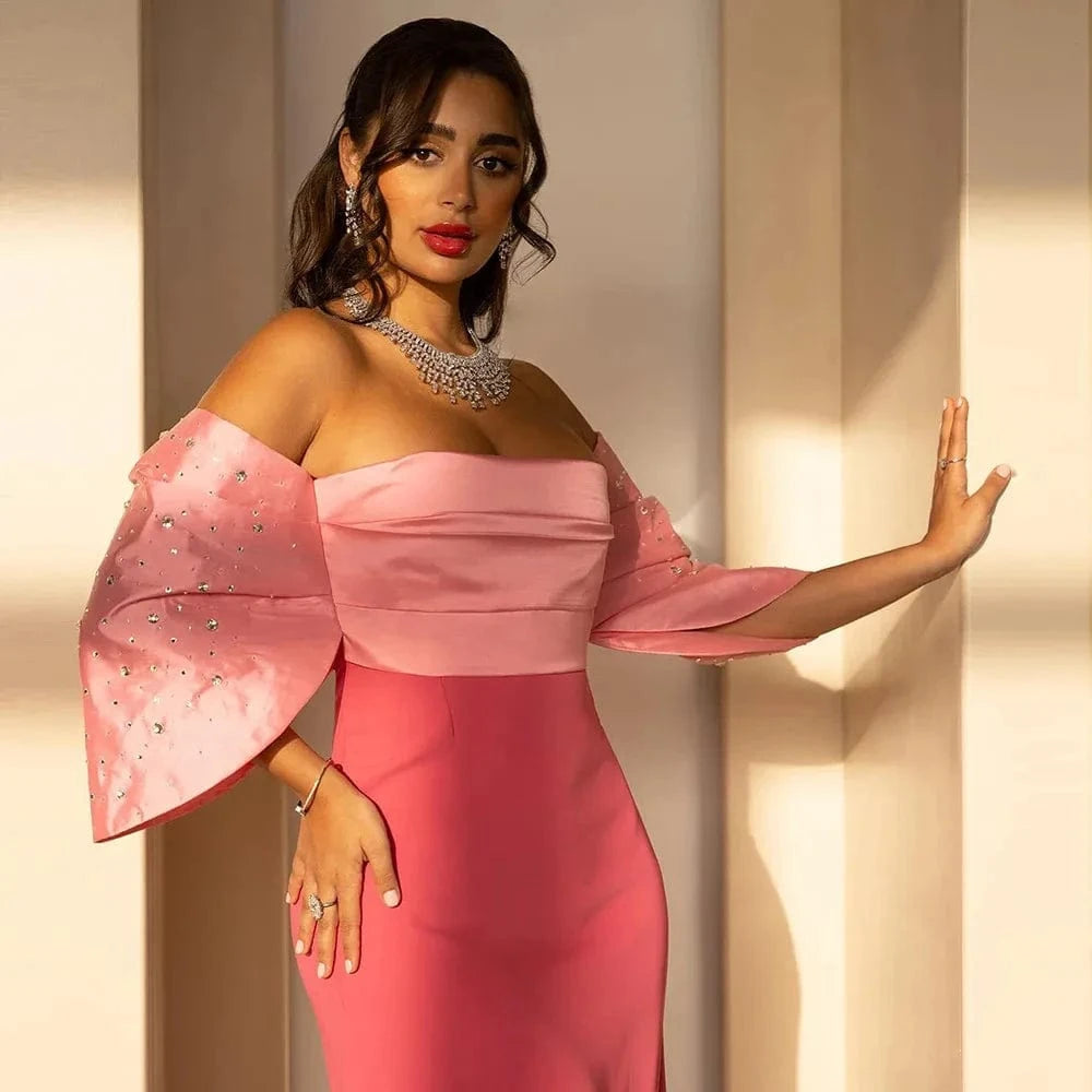 Elegant Off Shoulder Coral Pink Dubai Evening Dresses 2024 Saudi Arabia Women Wedding Formal Party Gown Luxury SF022