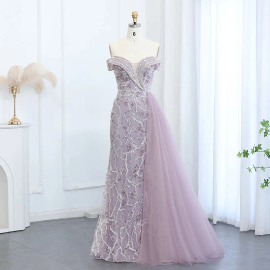 Elegant Off Shoulder Mermaid Lilac Evening Dress with Overskirt 2024 Plus Size Women Blue Wedding Party Gown SZ055