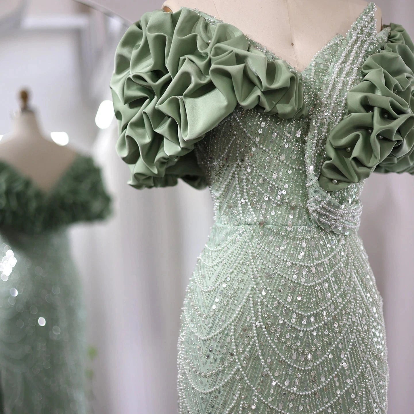 Elegant Off Shoulder Mermaid Sage Green Evening Dresses Luxury Dubai Women Arabic Champagne Wedding Party Gown Sz288