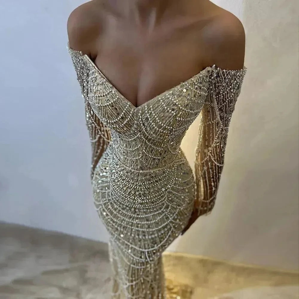 Elegant Off The Shoulder Mermaid Luxury Dubai Evening Dress 2024 For Women Wedding Party Gowns Long Sleeves Sz309