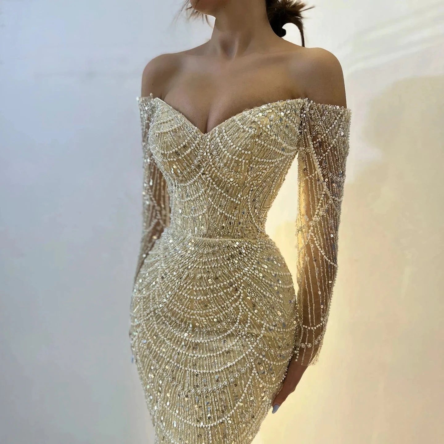 Elegant Off The Shoulder Mermaid Luxury Dubai Evening Dress 2024 For Women Wedding Party Gowns Long Sleeves Sz309