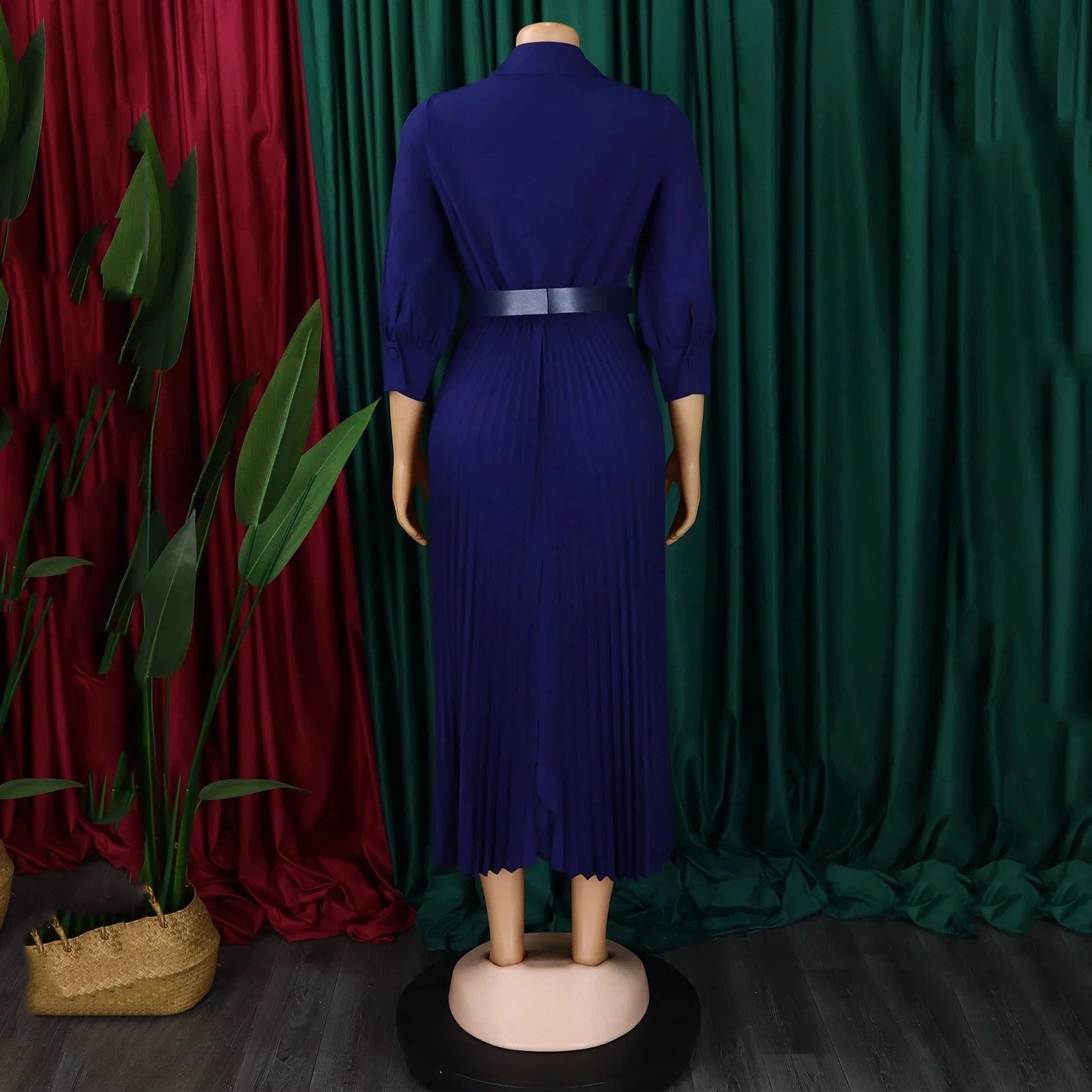 Elegant Office Dresses for Women Pleated Deep V Neck Full Sleeve Belt Waisted Ankle Length African Business Work Wear Dress New