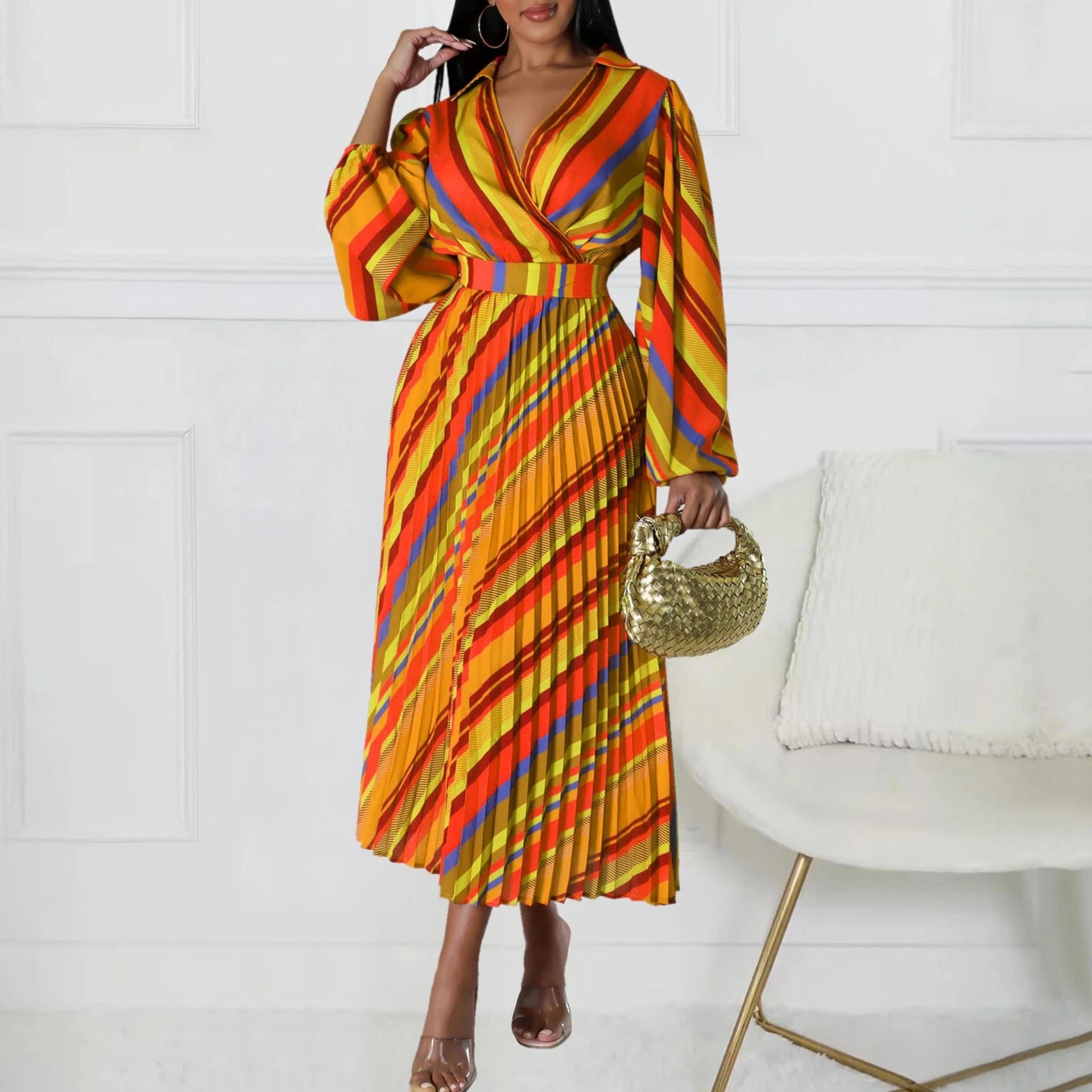 Elegant Office Dresses for Women Striped Printed V Neck Full Sleeve High Waisted Pleated Mid Calf Professional Work Dress Midi