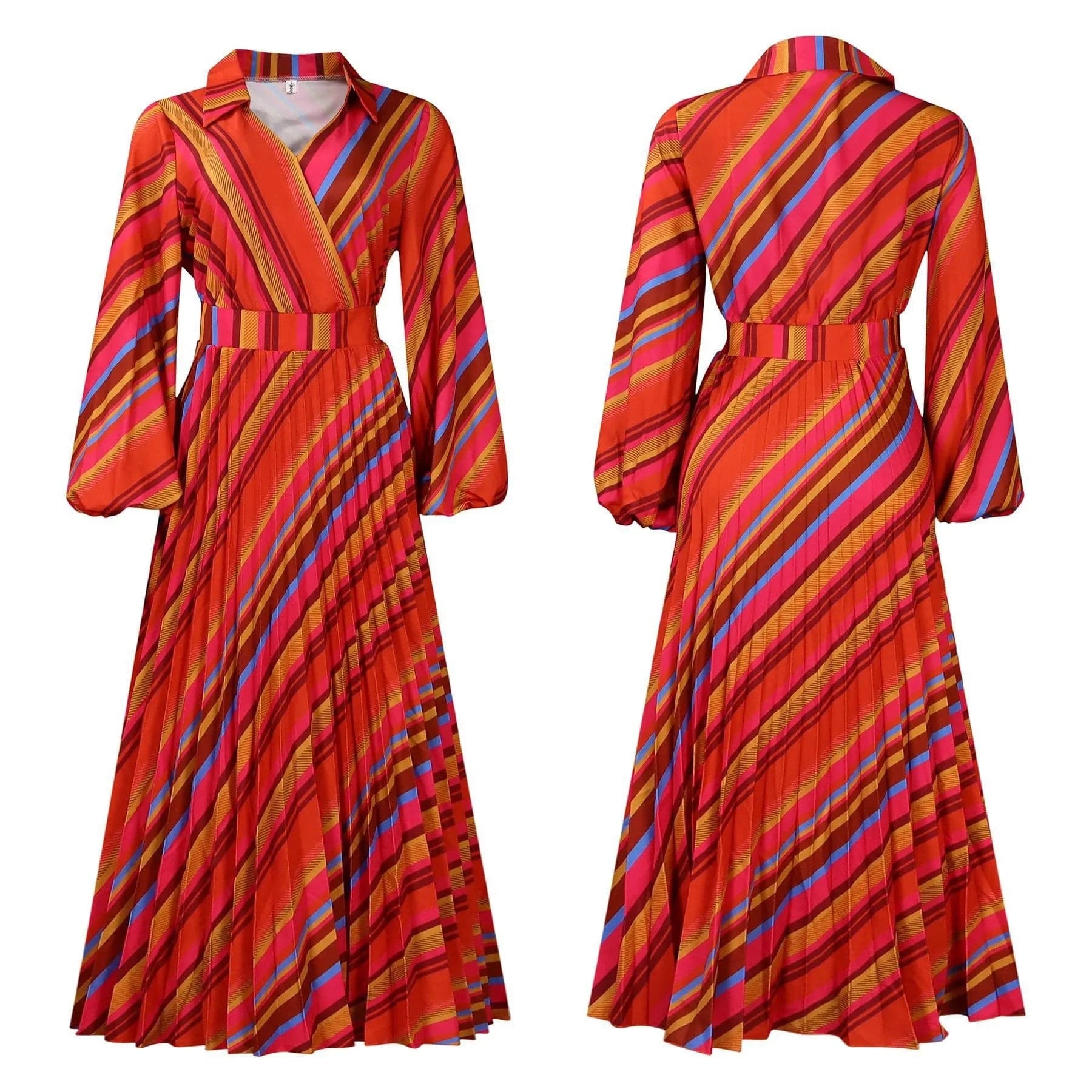 Elegant Office Dresses for Women Striped Printed V Neck Full Sleeve High Waisted Pleated Mid Calf Professional Work Dress Midi