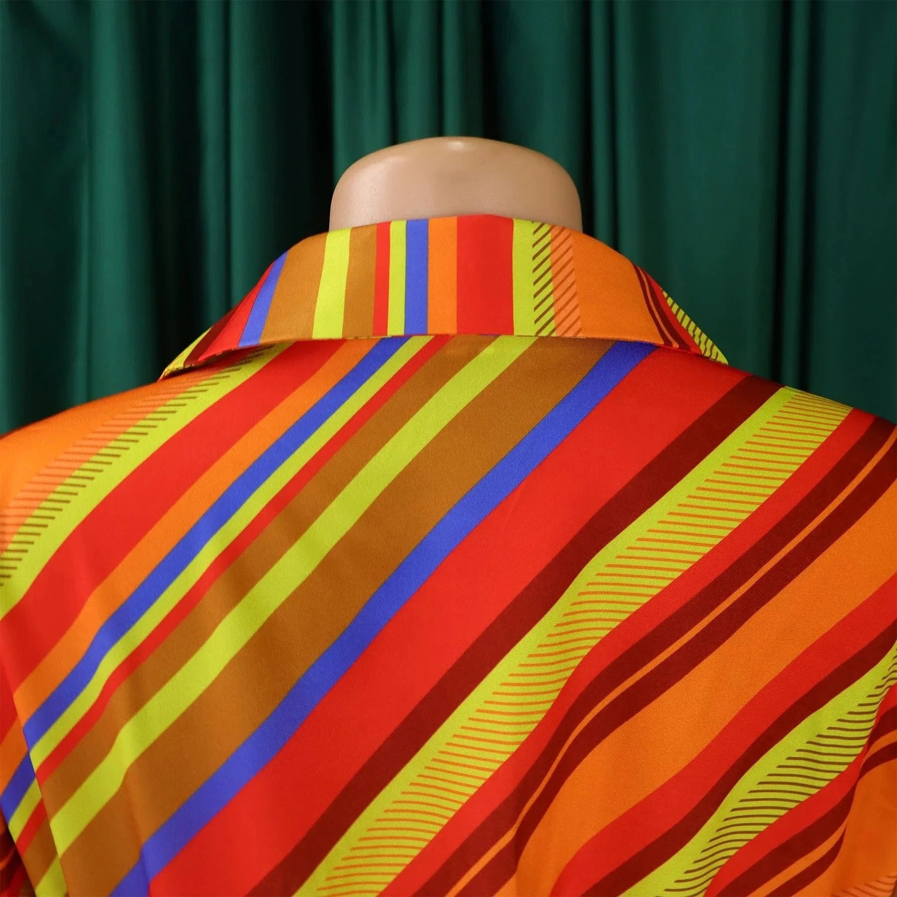 Elegant Office Dresses for Women Striped Printed V Neck Full Sleeve High Waisted Pleated Mid Calf Professional Work Dress Midi