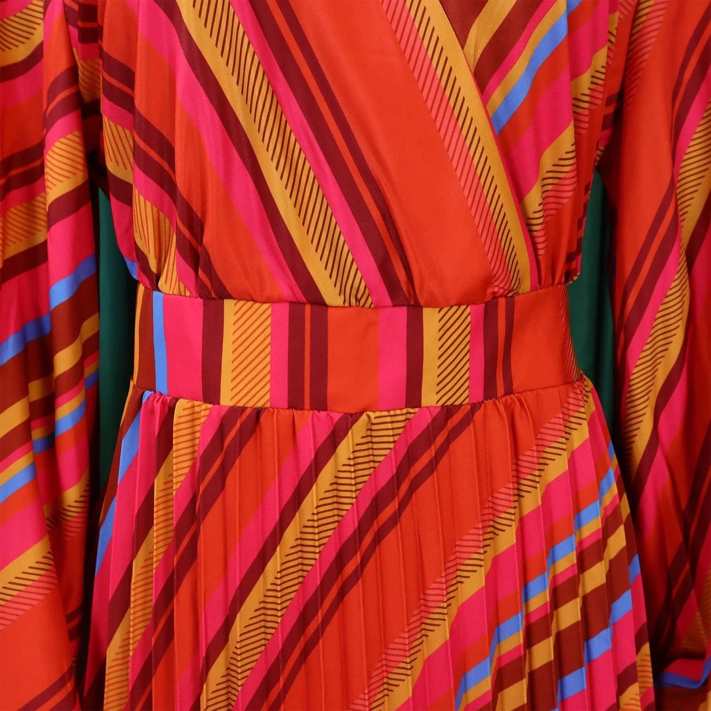 Elegant Office Dresses for Women Striped Printed V Neck Full Sleeve High Waisted Pleated Mid Calf Professional Work Dress Midi