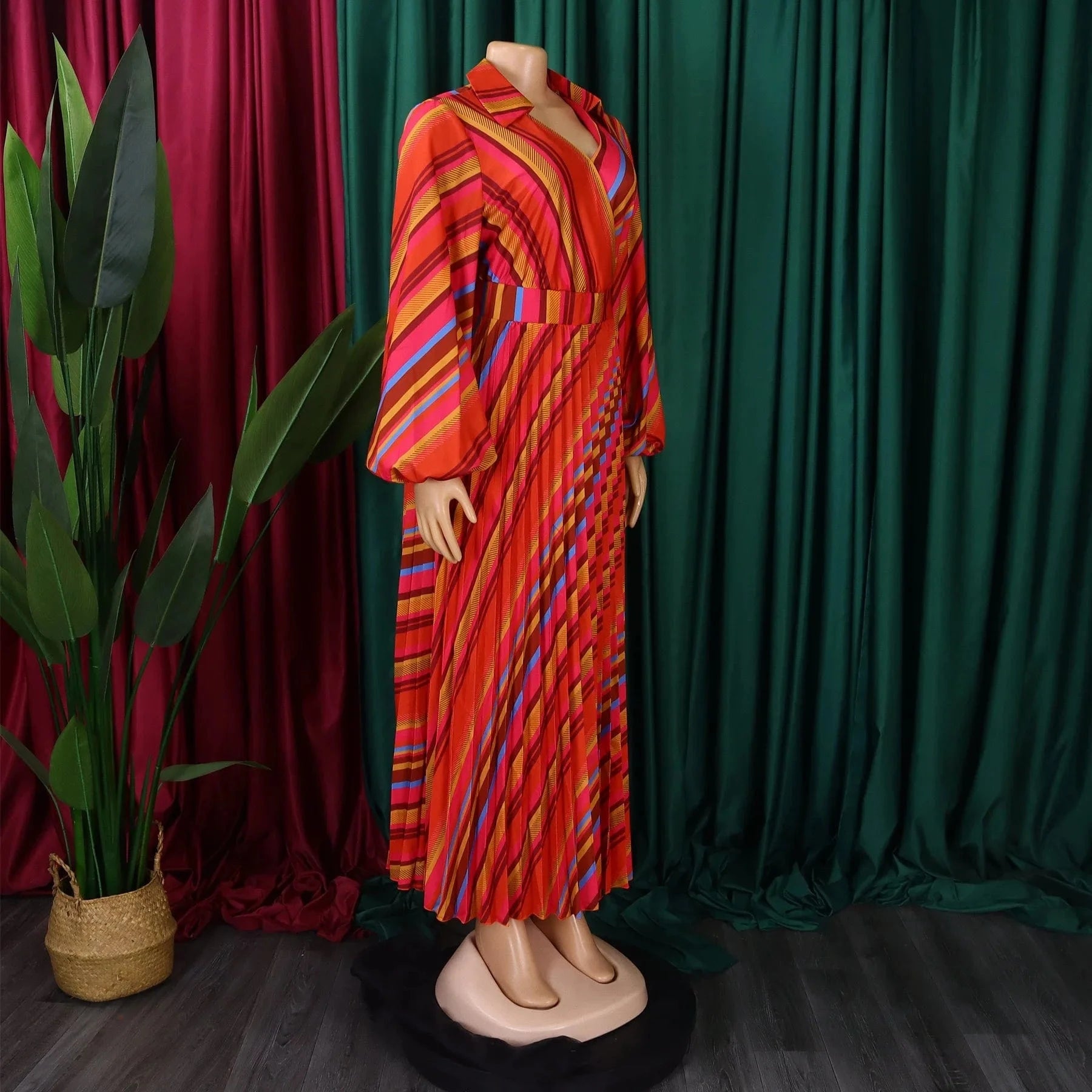 Elegant Office Dresses for Women Striped Printed V Neck Full Sleeve High Waisted Pleated Mid Calf Professional Work Dress Midi