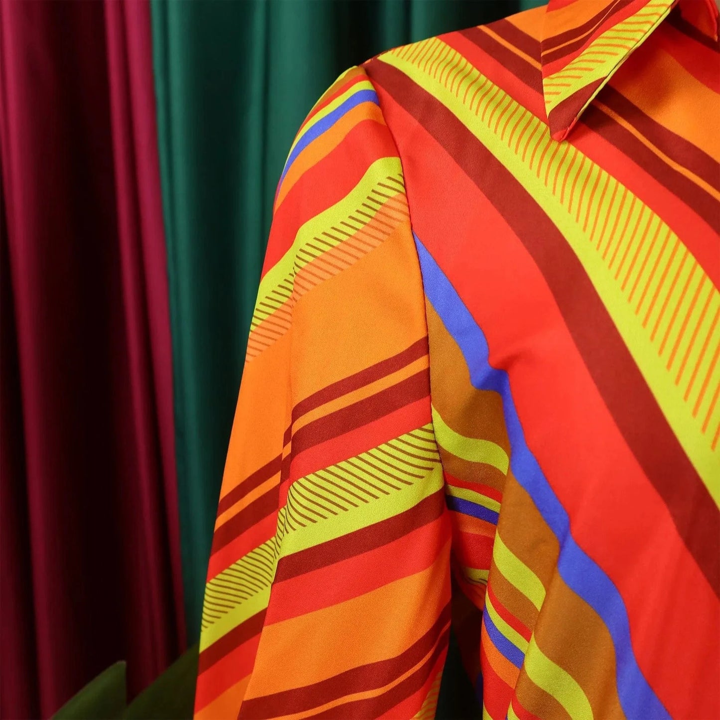 Elegant Office Dresses for Women Striped Printed V Neck Full Sleeve High Waisted Pleated Mid Calf Professional Work Dress Midi