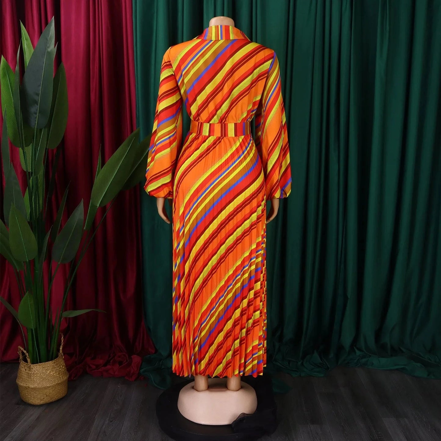 Elegant Office Dresses for Women Striped Printed V Neck Full Sleeve High Waisted Pleated Mid Calf Professional Work Dress Midi