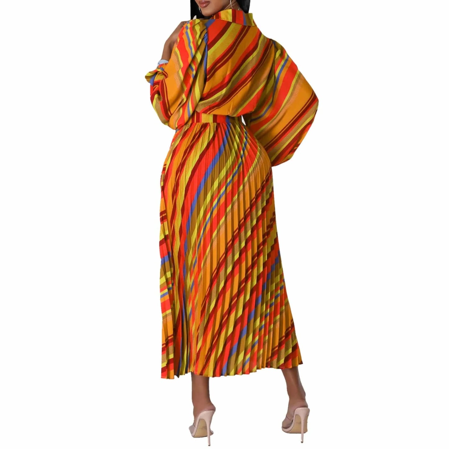 Elegant Office Dresses for Women Striped Printed V Neck Full Sleeve High Waisted Pleated Mid Calf Professional Work Dress Midi