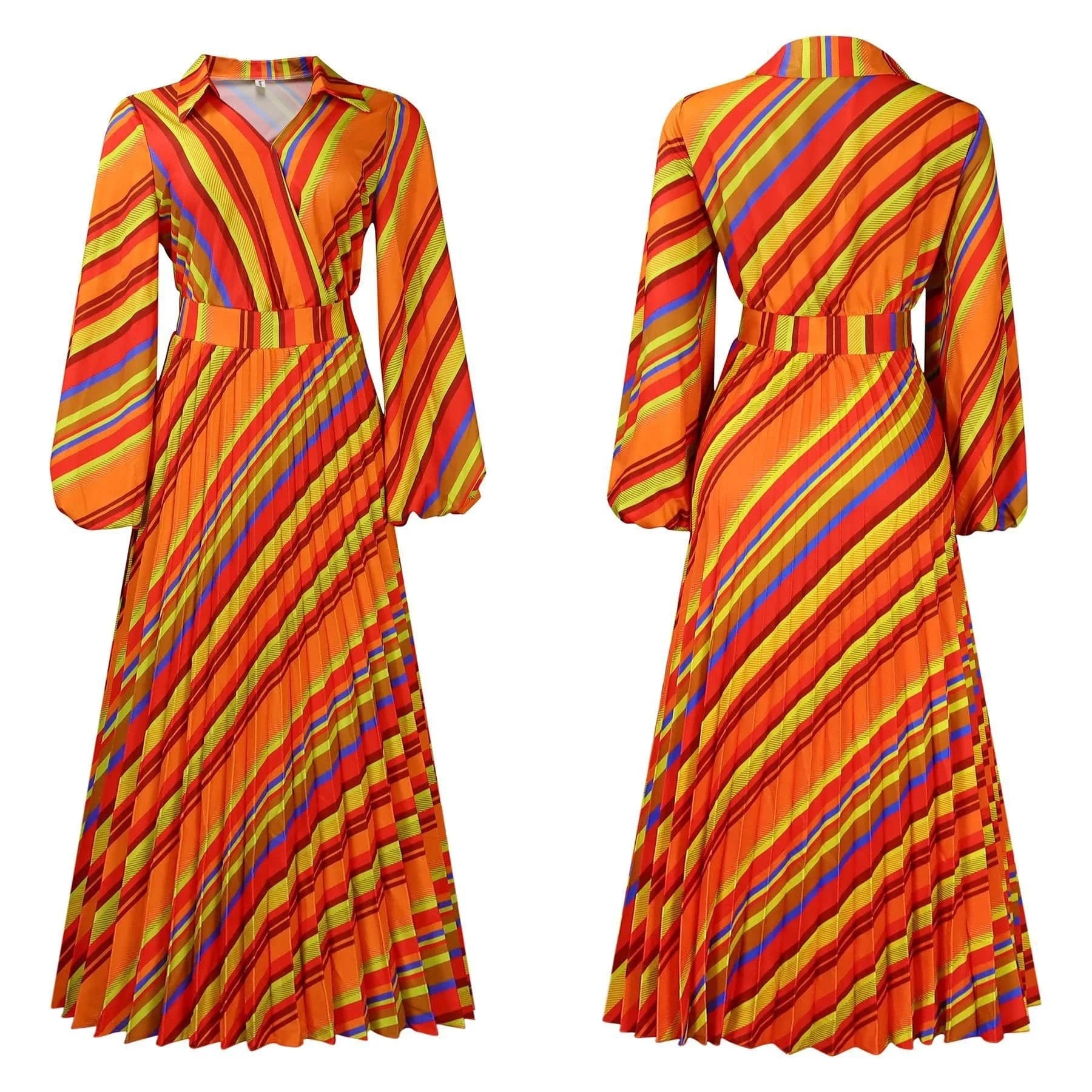 Elegant Office Dresses for Women Striped Printed V Neck Full Sleeve High Waisted Pleated Mid Calf Professional Work Dress Midi