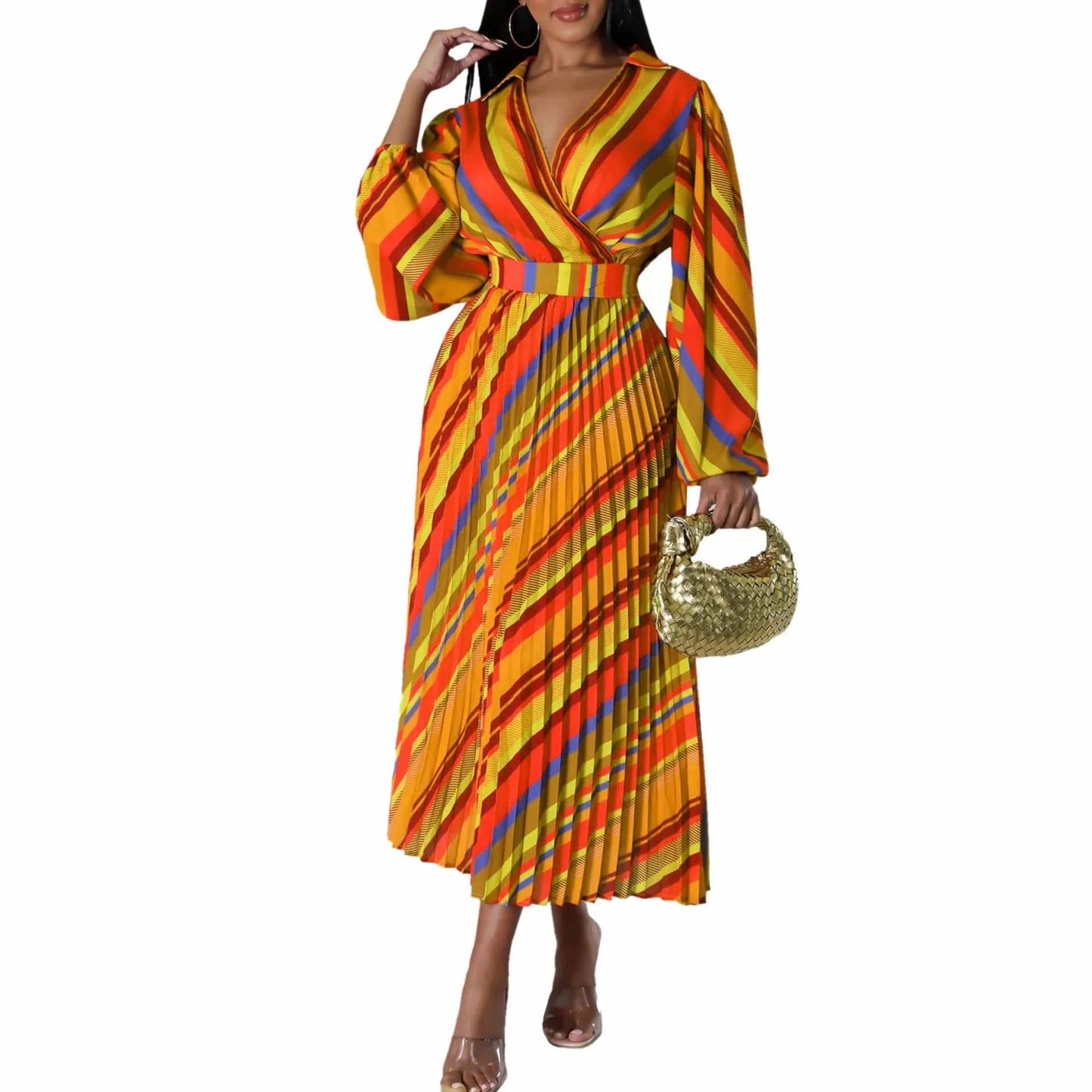 Elegant Office Dresses for Women Striped Printed V Neck Full Sleeve High Waisted Pleated Mid Calf Professional Work Dress Midi