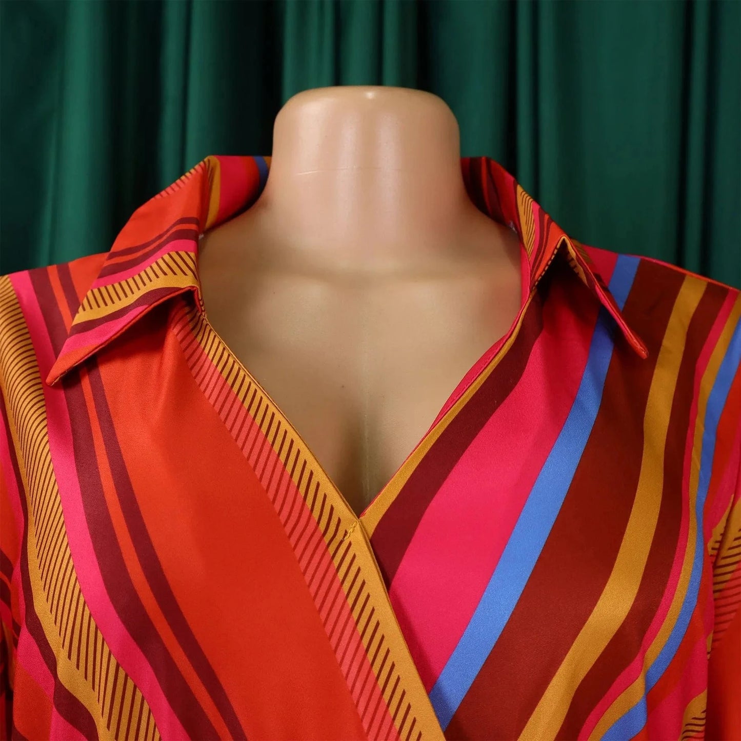 Elegant Office Dresses for Women Striped Printed V Neck Full Sleeve High Waisted Pleated Mid Calf Professional Work Dress Midi